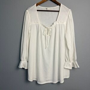 Cato White‎ Textured Square Neck Tie Front L/SL Fairy Ruffle Cuff Tunic 14/16W